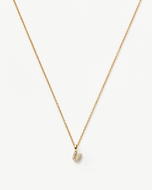 Solid Gold Diamond Initial Mini Pendant Necklace - U | 14ct Solid Yellow Gold Plated/Diamond