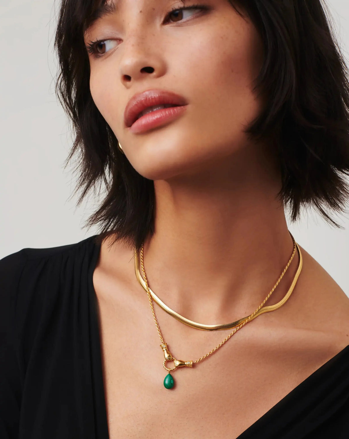 Harris Reed In Good Hands Drop Pendant Necklace | 18ct Gold Plated/Malachite & Pearl